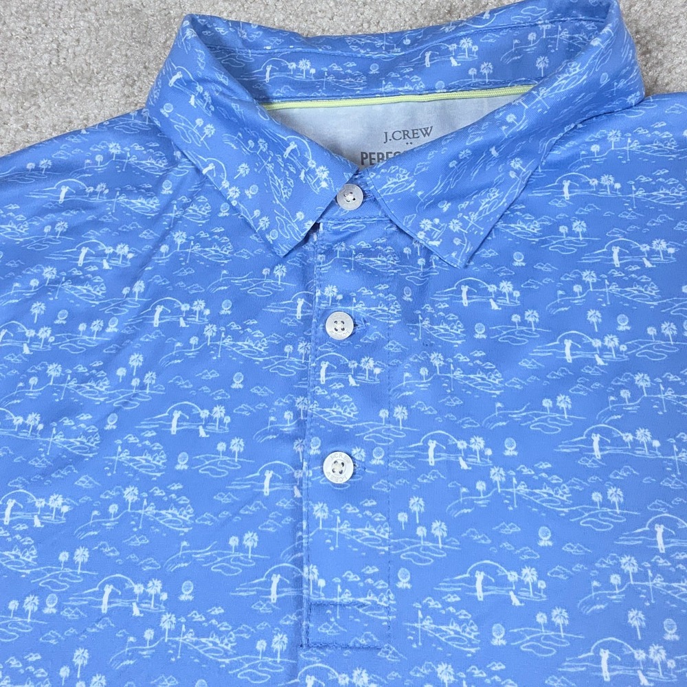 J. Crew Polo Shirt Mens Size XL Blue Performance Short Sleeve All Over Printed